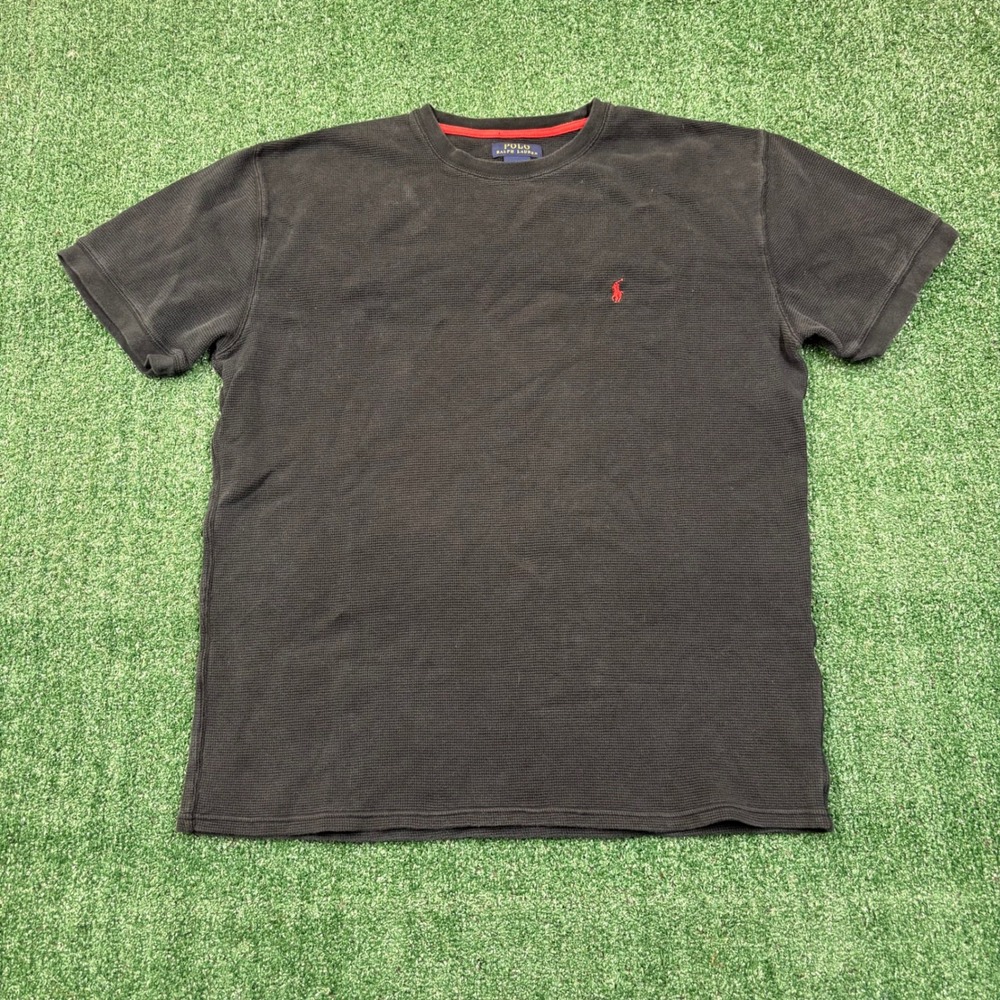 Vintage 2000's Polo Ralph Lauren T-shirt Waffle Knit Thermal Black Red Pony 2XL